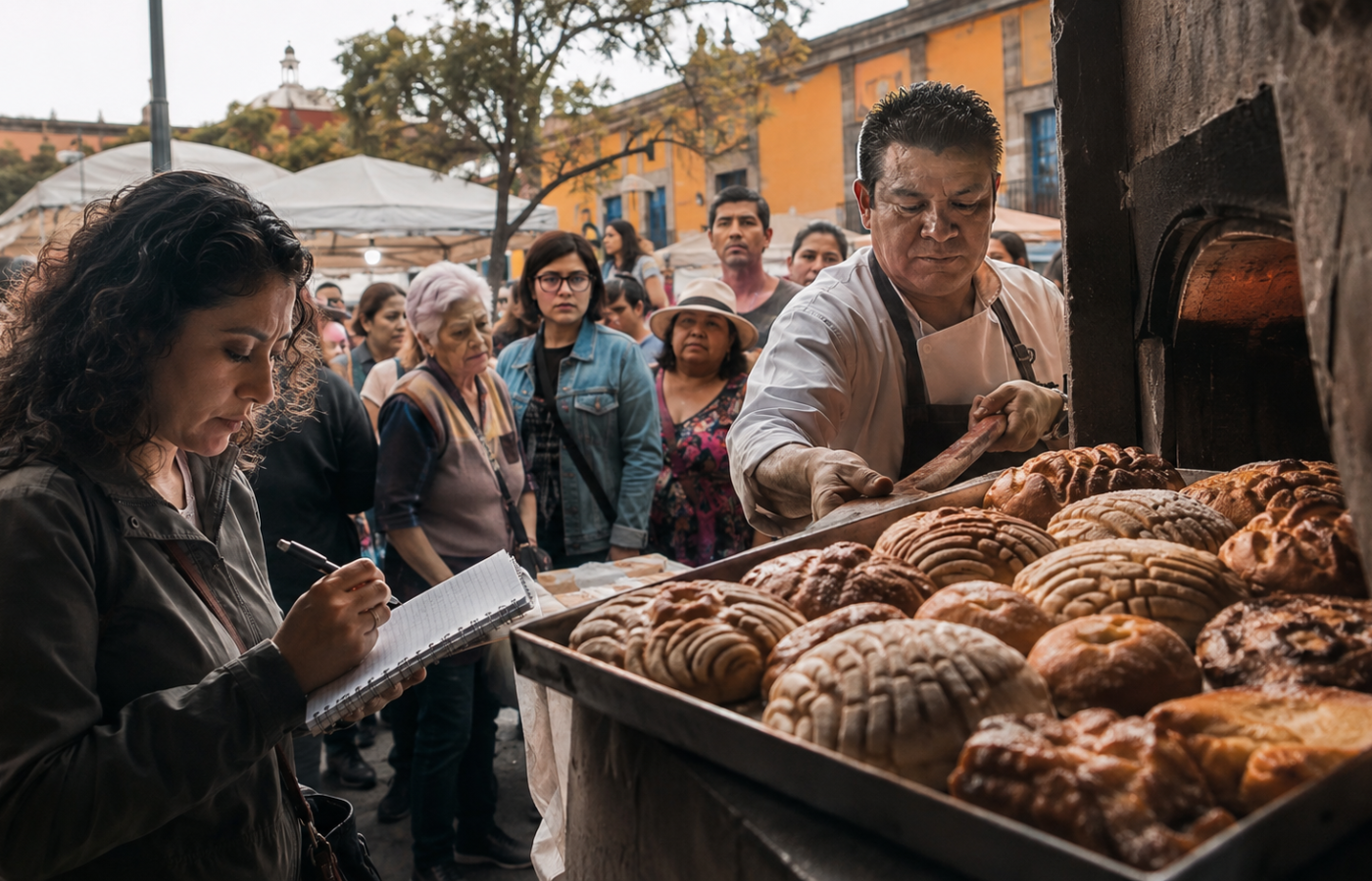 Personas y panaderos en el Festival del Pan Dulce Mexicano en Coyoacán, con una charola de panes recién horneados y una investigadora tomando notas