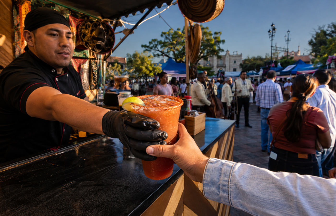 Una michelada escarchada pasa de una barra a manos de una persona mientras músicos y puestos de comida se preparan en una plaza de Villagrán