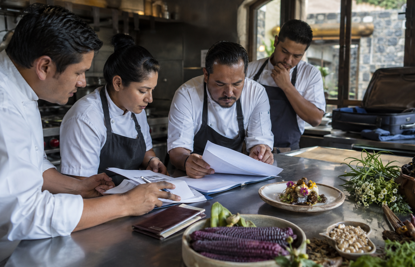 Chef y brigada de cocina revisan documentos de una convocatoria internacional junto a ingredientes del Estado de México y un platillo listo para presentar