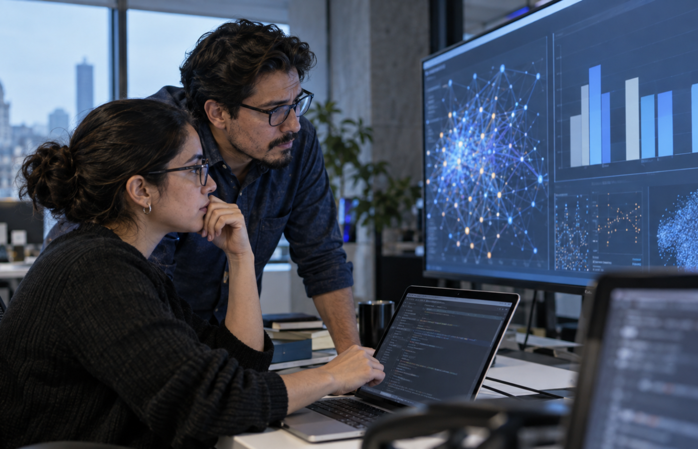 Equipo editorial analiza en una pantalla gráficos y código relacionados con modelos de inteligencia artificial.