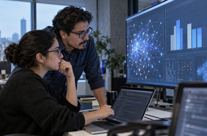 Equipo editorial analiza en una pantalla gráficos y código relacionados con modelos de inteligencia artificial.