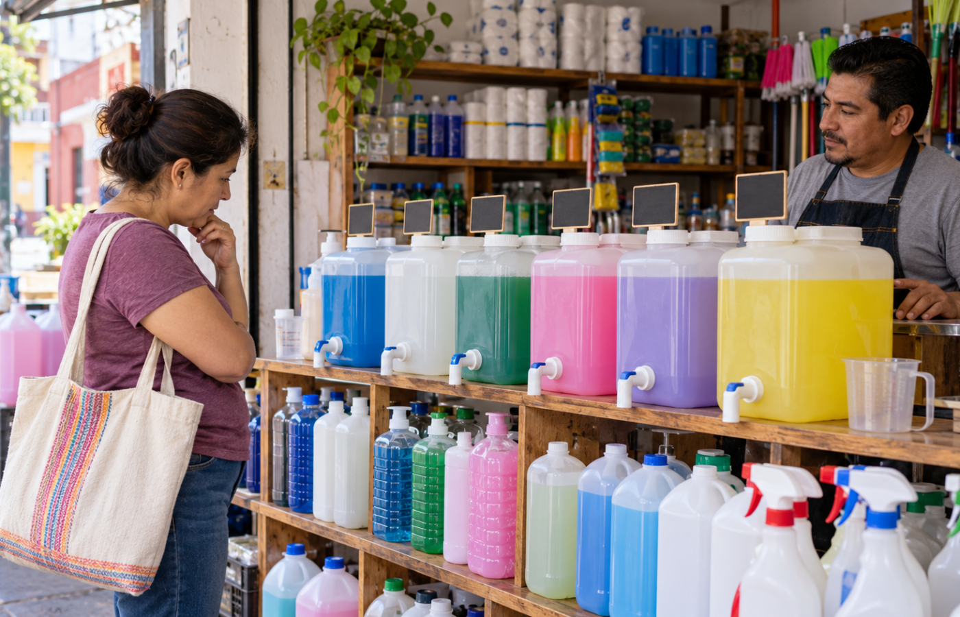 Cliente compara productos de limpieza a granel en una tienda de barrio